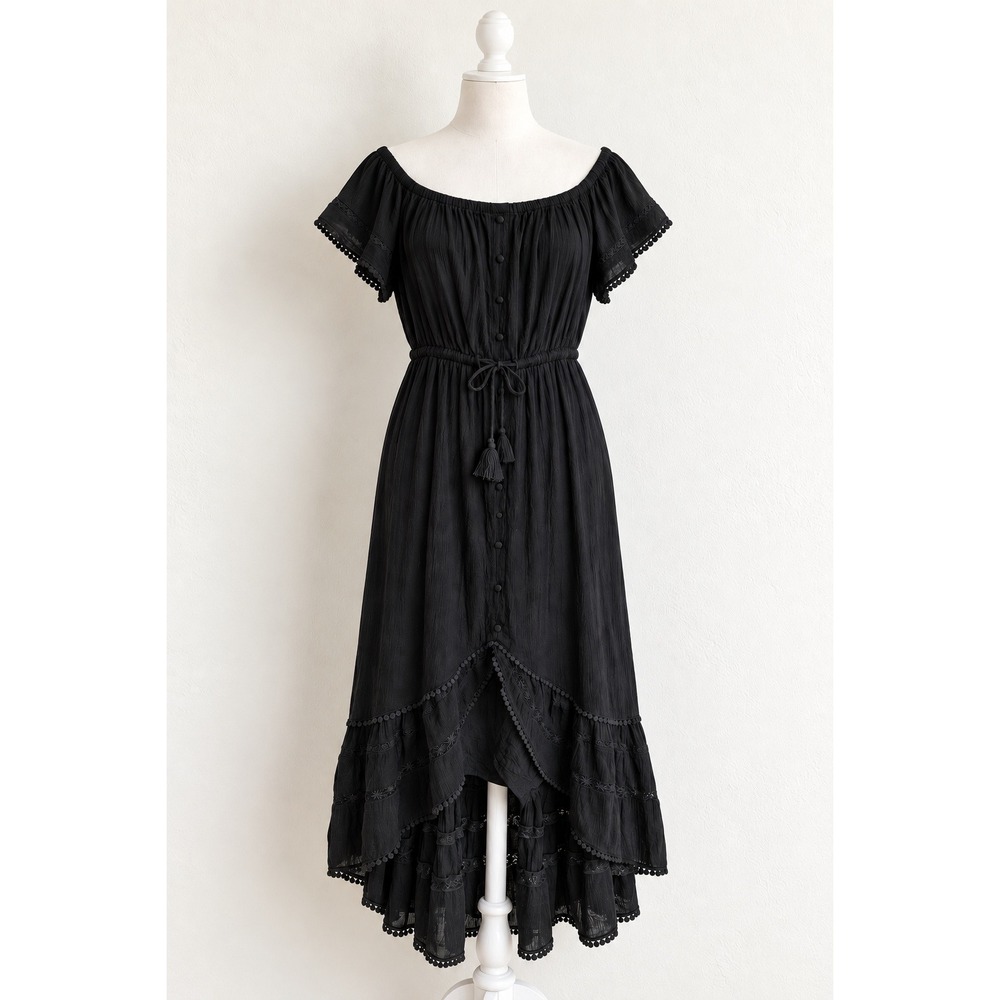INC Black Off-the-Shoulder Gauzy Cotton Dress L High-Low Ruffle Hem Flamenco